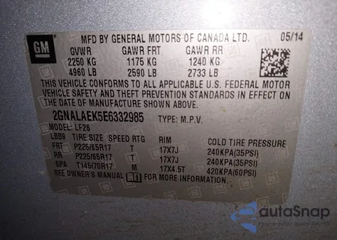 2014 Chevrolet Equinox Ls из США, поврежденный, VIN 2GNALAEK5E6332985